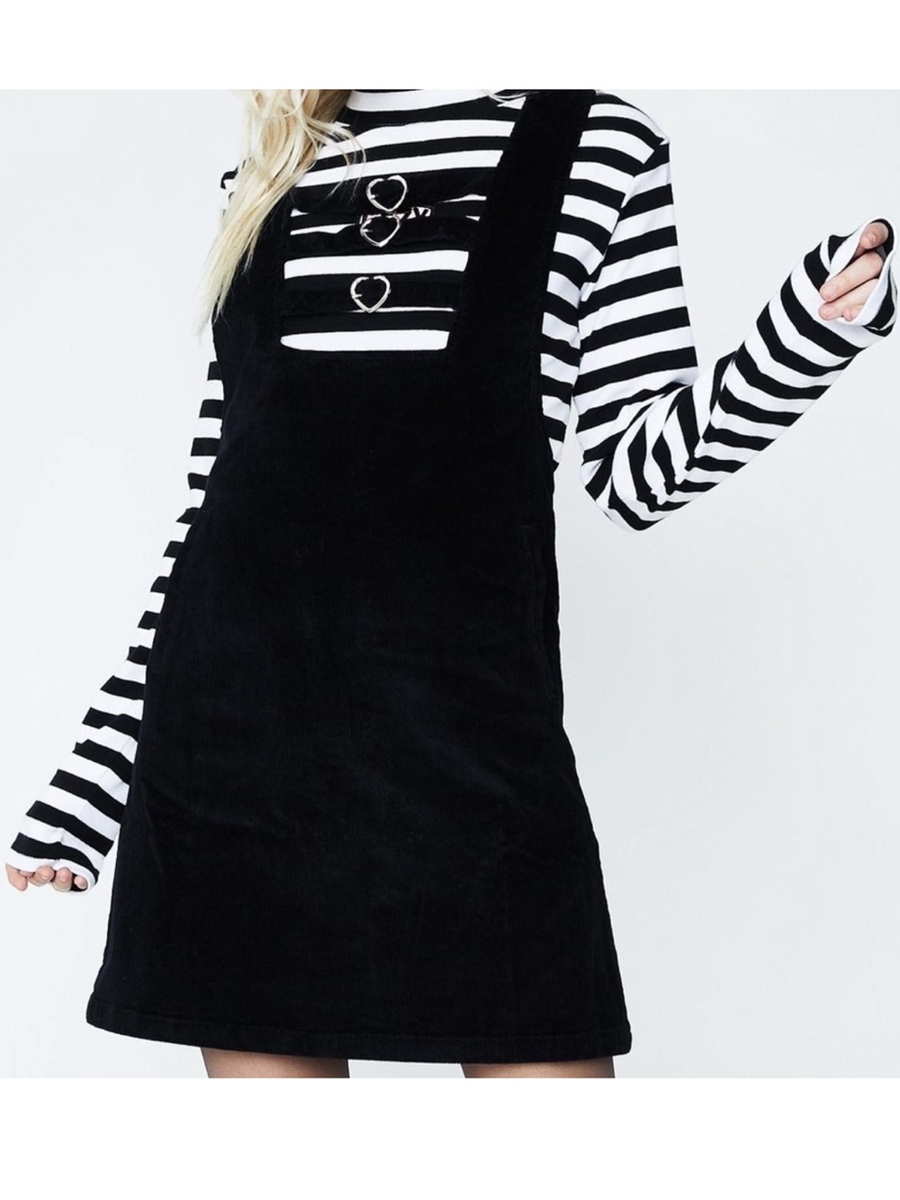 Lazy Oaf Corduroy Heart Buckle Dress Size Medium Black Jumper Pinafore Cotton
